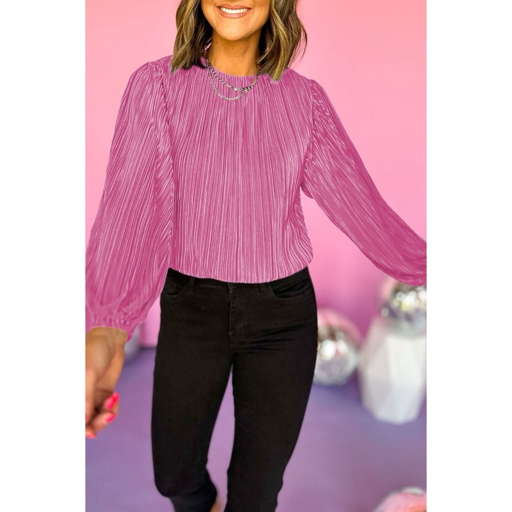 Pink Pleated Long Sleeve Blouse